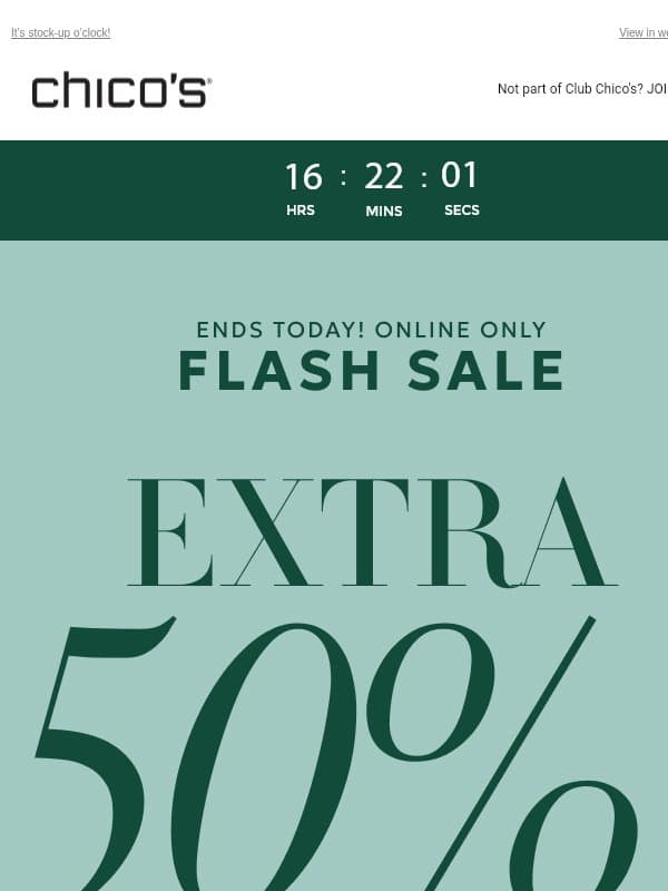 ENDS TODAY! Extra 50% off 2+ markdowns email from Chico's