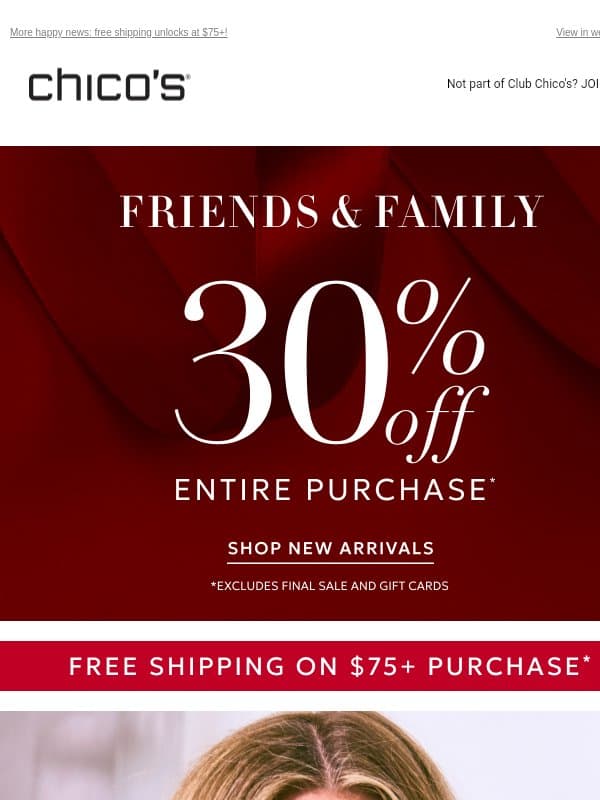Radiate joy! 😁 30% off + FREE gift offer email from Chico's