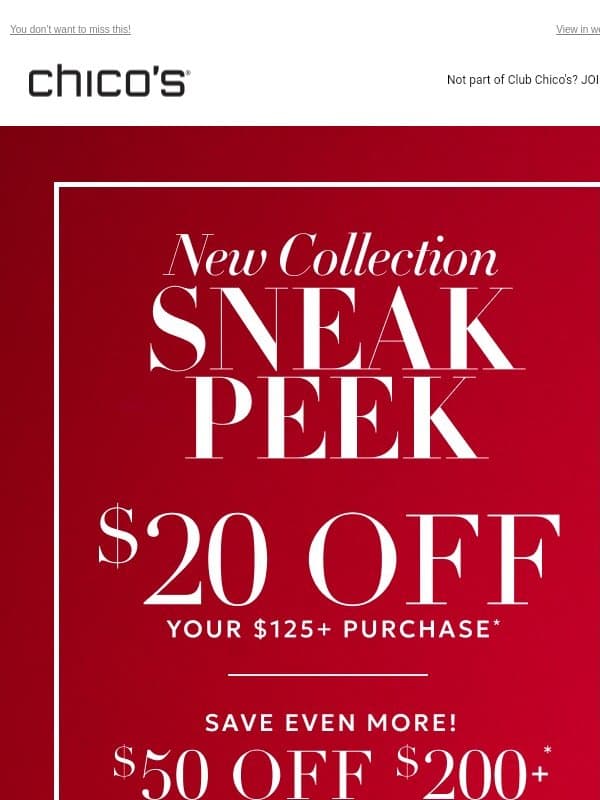 Sneak peek access: $20-$50 off! email from Chico's