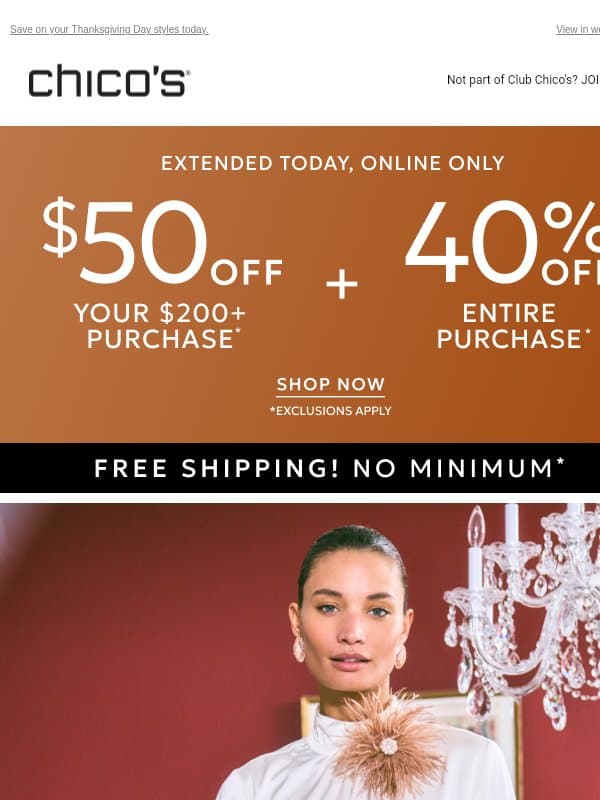 HOURS LEFT to combine 40% off + $50 off + Free Shipping email from Chico's