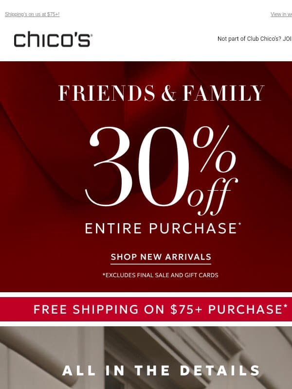 30% off everything * + Sparkle & Structure: Denim Reimagined email from Chico's