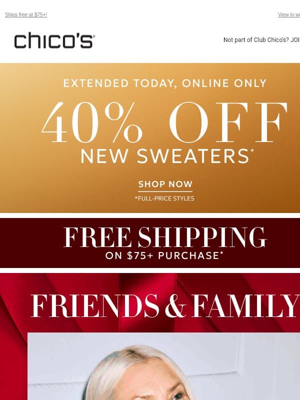༄˖°.🍂.ೃ࿔*:・40% Off Sweaters Ends Tonight! email from Chico's