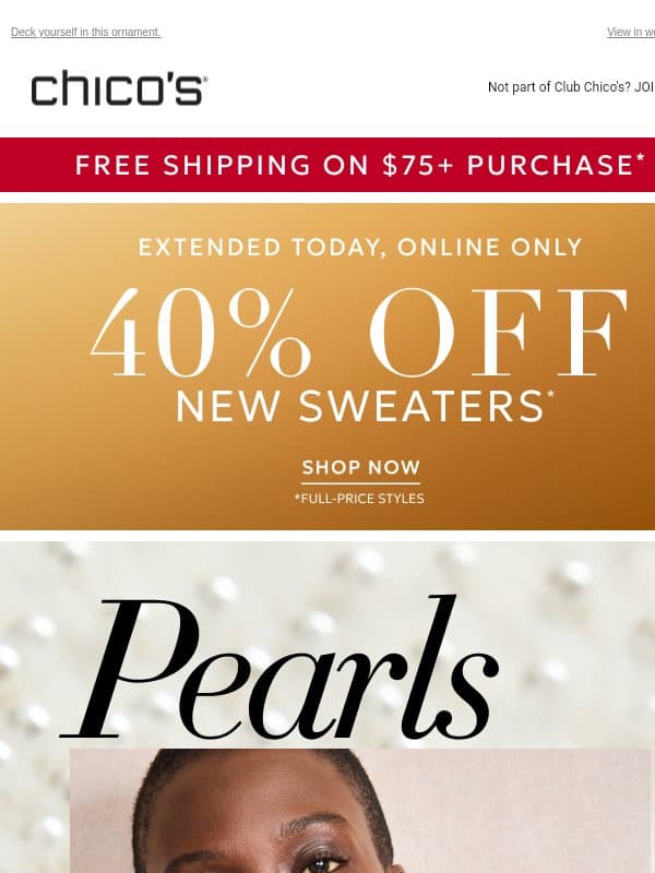 40% Off New Sweaters EXTENDED TODAY! email from Chico's