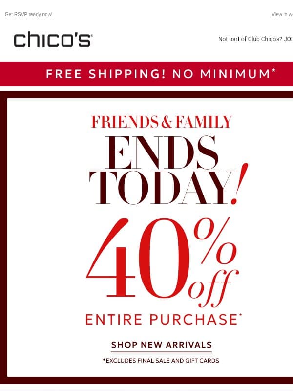 40% Off + Free Ship NO MINIMUM! 🏆 GUEST DRESSED email from Chico's