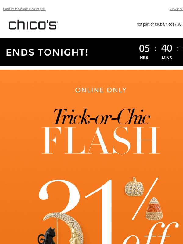 Poof! 🪄 31% OFF + FREE SHIP vanish tonight (no code needed) email from Chico's