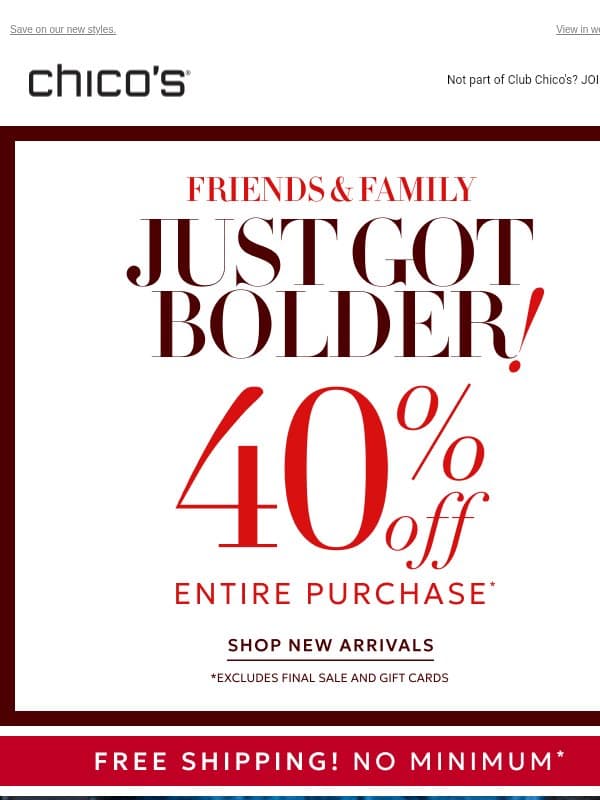 40% off everything* + TRAVELERS™ VELVET IS BACK email from Chico's