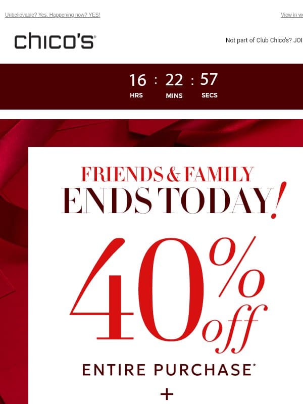 LAST DAY for 40% OFF + FREE SHIP + NEW DEALS (or is it? 👀) email from Chico's