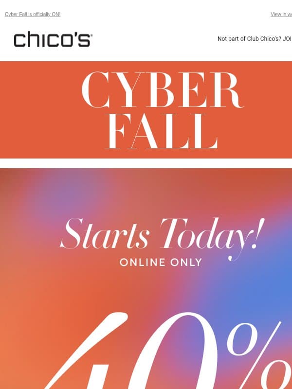 40% off EVERYTHING* ✔️ FREE ship ✔️ $25+ STEALS ✔️ email from Chico's