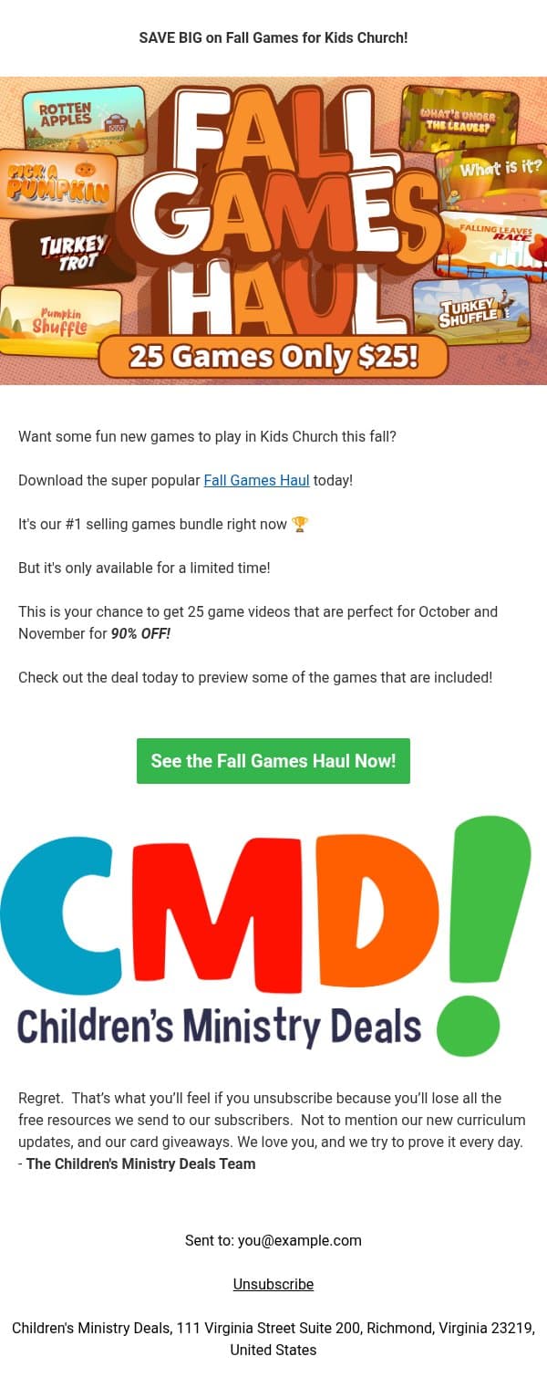 #1 Selling Fall Games Haul π email from Children's Ministry Deals screenshot
