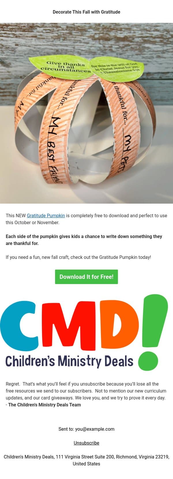FREE Gratitude Pumpkin Craft π email from Children's Ministry Deals screenshot