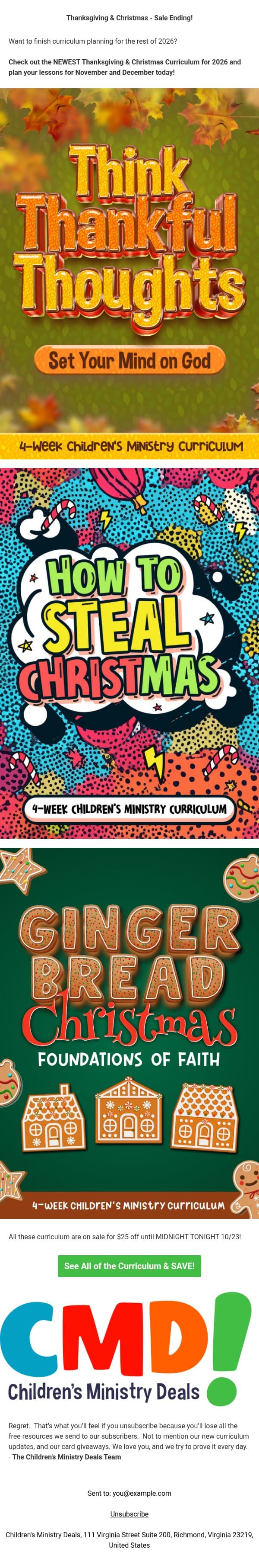 LAST DAY - Thanksgiving & Christmas SALE email from Children's Ministry Deals screenshot