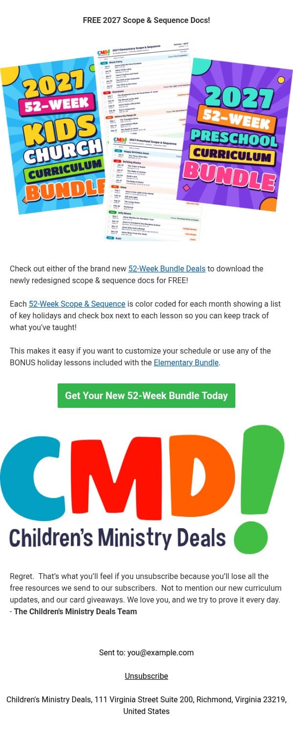 NEW 2027 52-Week Scope & Sequence - With Checkboxes email from Children's Ministry Deals screenshot