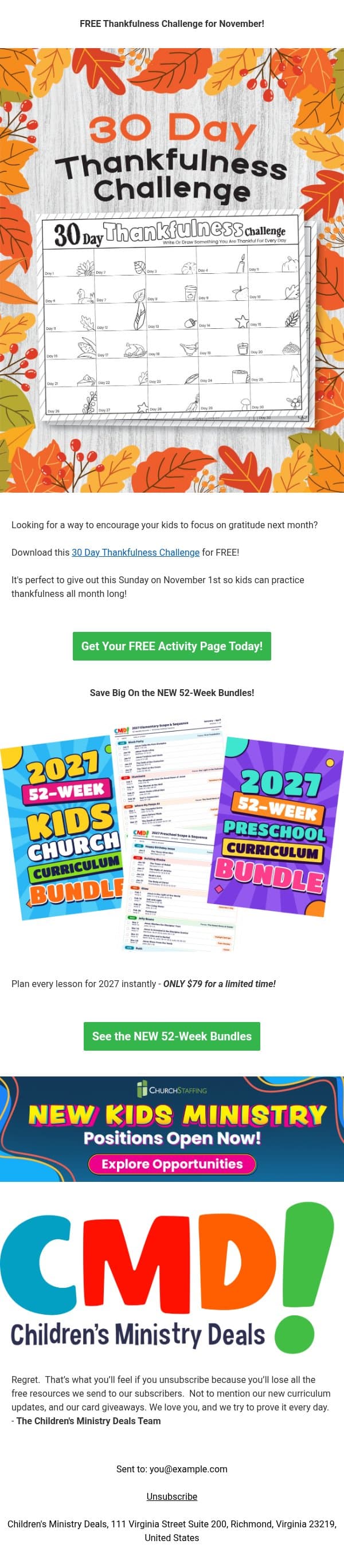 FREE Thankfulness 30 Day Challenge email from Children's Ministry Deals screenshot