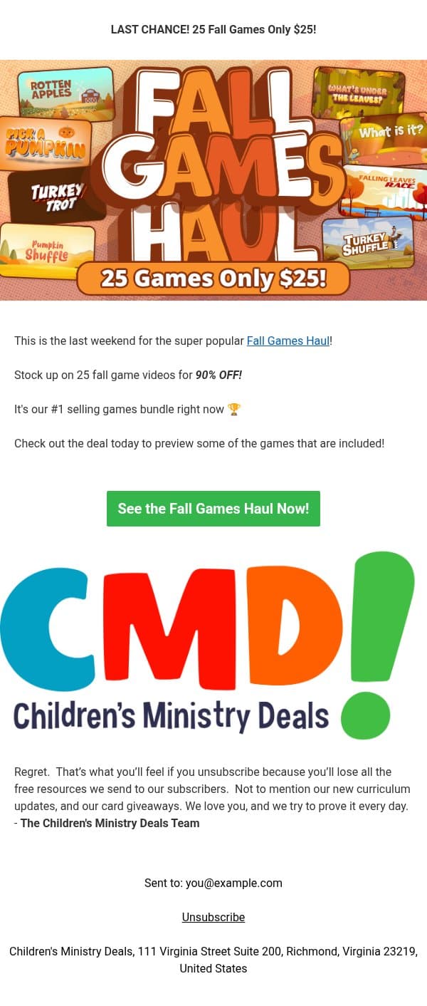 The Best-Selling FALL GAMES HAUL is Waving Goodbye email from Children's Ministry Deals screenshot