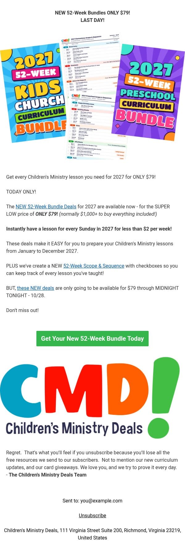 LAST DAY 🔥 $79 NEW 52-Week Bundle Deals email from Children's Ministry Deals screenshot