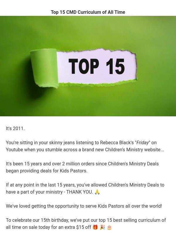 CMD is 15 YEARS OLD 🎉 email from Children's Ministry Deals
