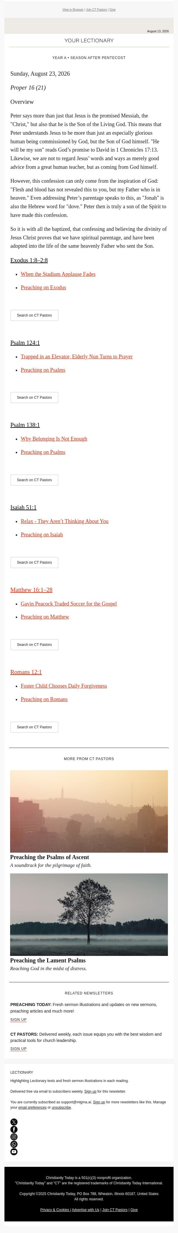 Lectionary Texts for Week of August 23 | Your Lectionary email from Christianity Today screenshot
