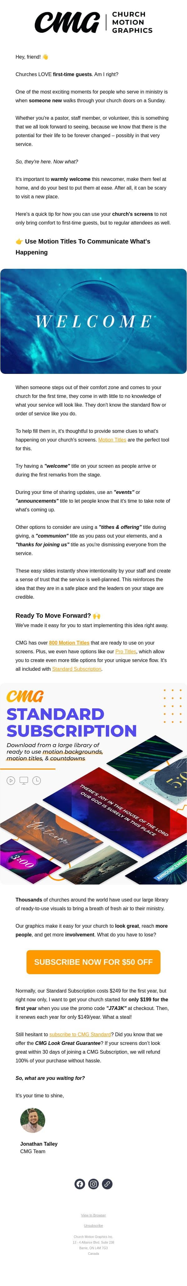 Try This To Make Guests Feel At Home email from Church Motion Graphics screenshot
