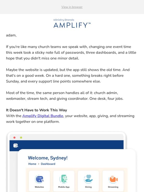 How many logins did it take to update one event? email from Church Motion Graphics