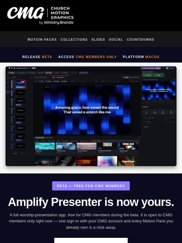 New: Amplify Presenter, free beta for CMG members email from Church Motion Graphics