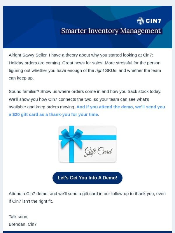 Hey you!I want to give you a gift card, just for existing! email from Cin7