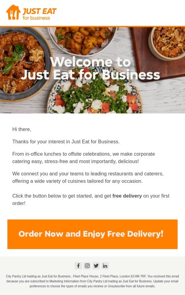 Welcome to Just Eat for Business! email from City Pantry (by Just Eat) screenshot