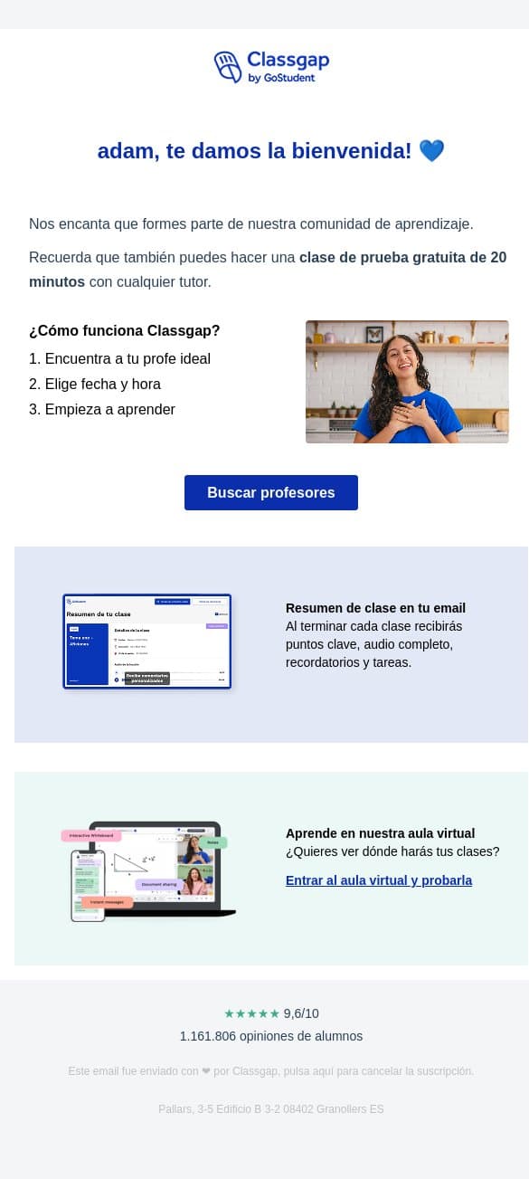 adam te damos la bienvenida a Classgap đź’™ email from Classgap screenshot