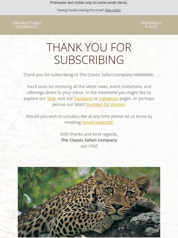 Thank you for subscribing email from Classic Safari Company