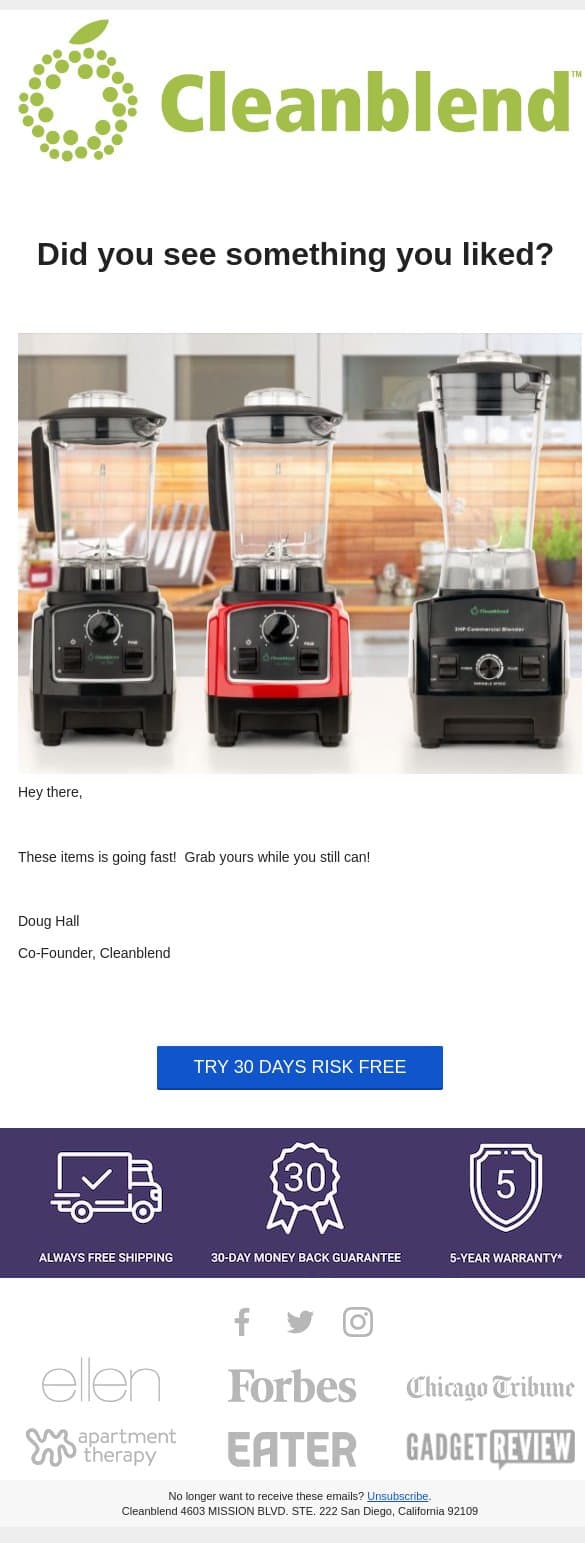Did you see something you liked? email from Cleanblend screenshot