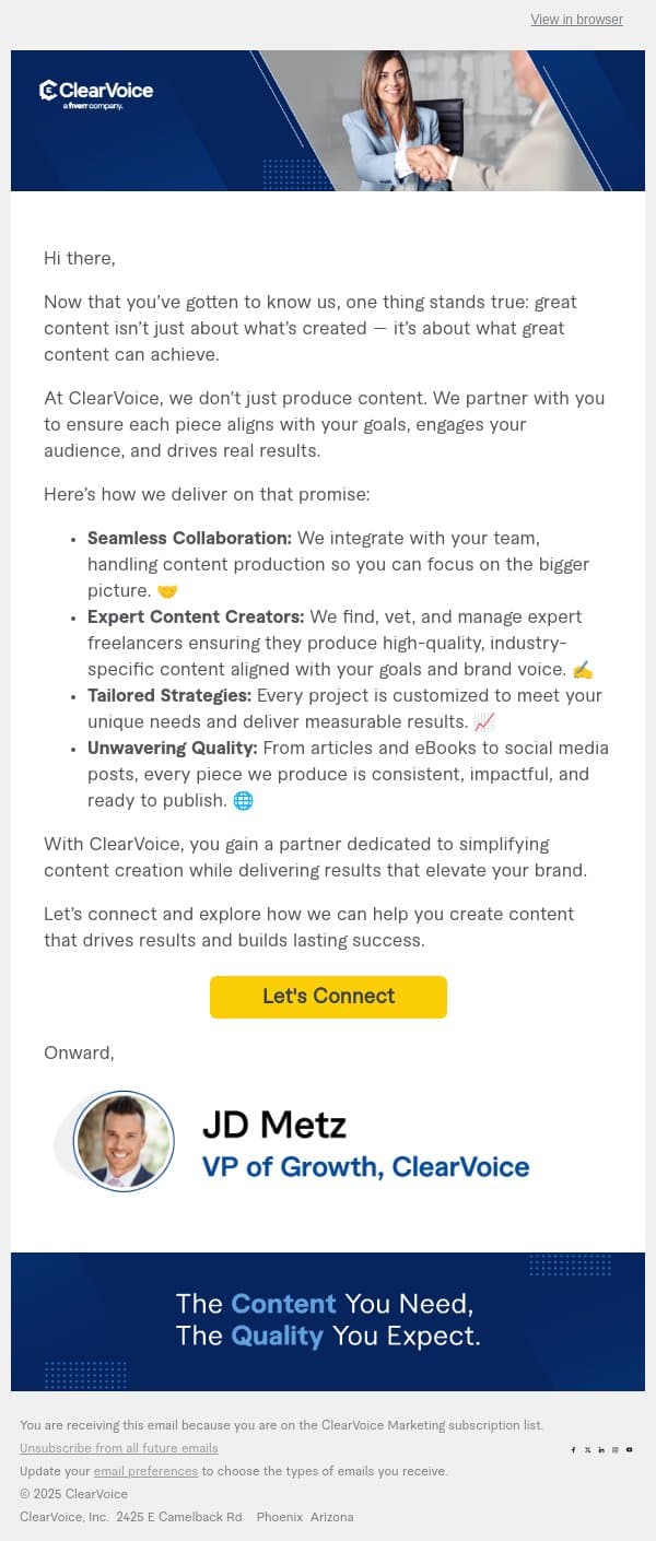 Consistent, High-Quality Content Starts Here 🌟 email from ClearVoice screenshot