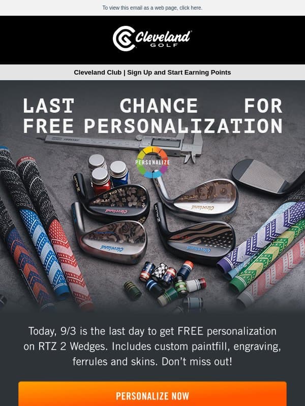 Last Chance for Free Personalization | Cleveland Golf email from Cleveland Golf