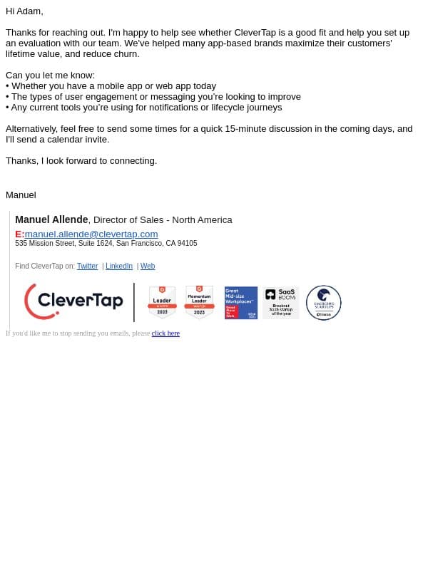 Your request on CleverTap email from CleverTap screenshot