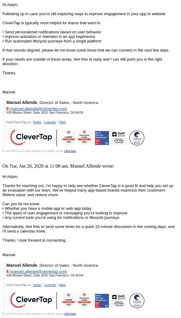 Re: Your request on CleverTap email from CleverTap screenshot
