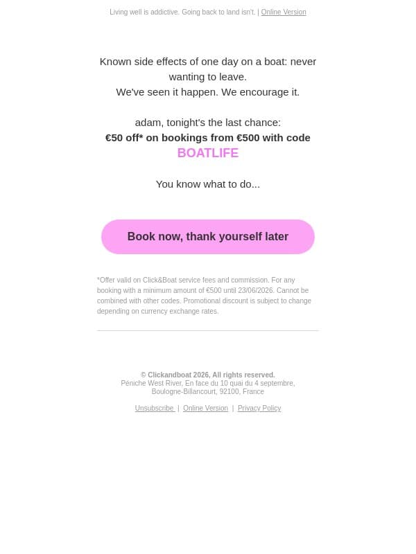 ⏰ €50 off expires tonight! email from Click&Boat screenshot