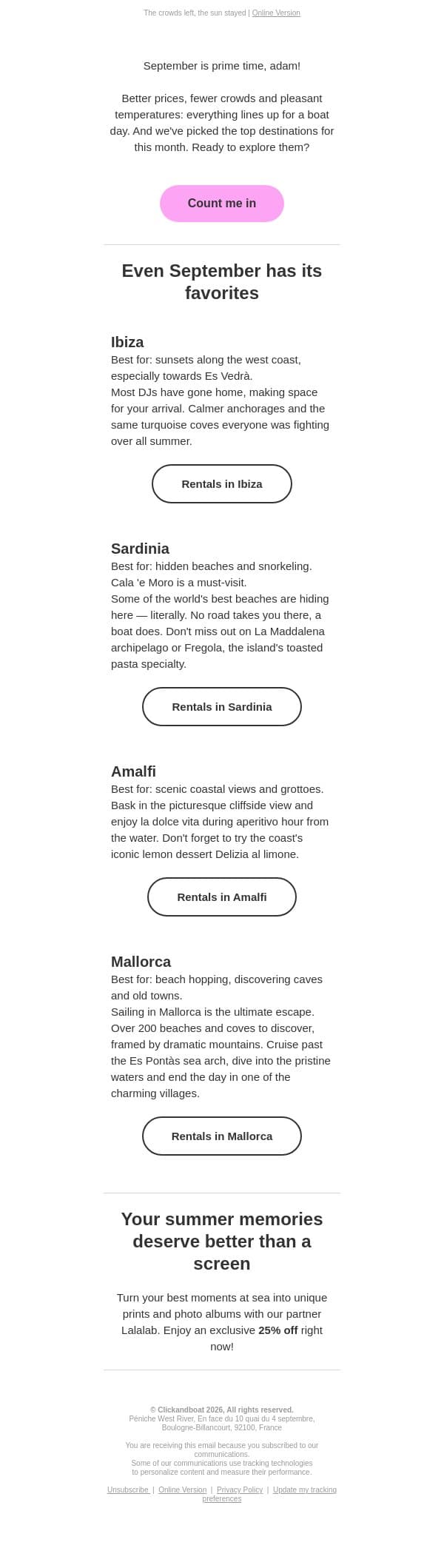 Best places to sail in September 🧭 email from Click&Boat screenshot