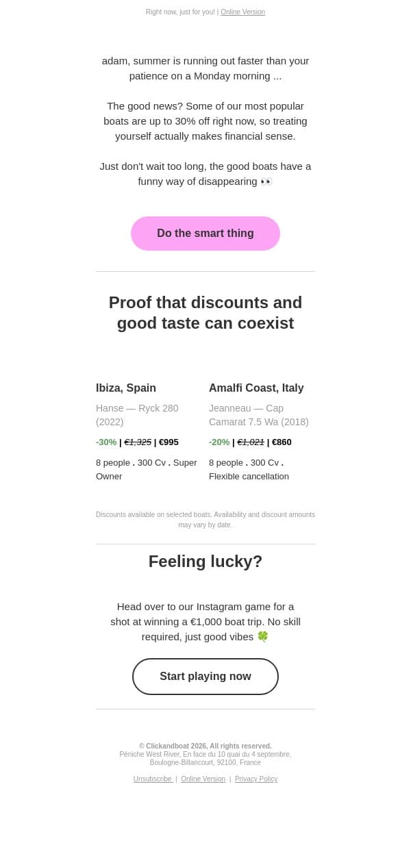 30% off + a boat = best decision this summer🌴 email from Click&Boat screenshot