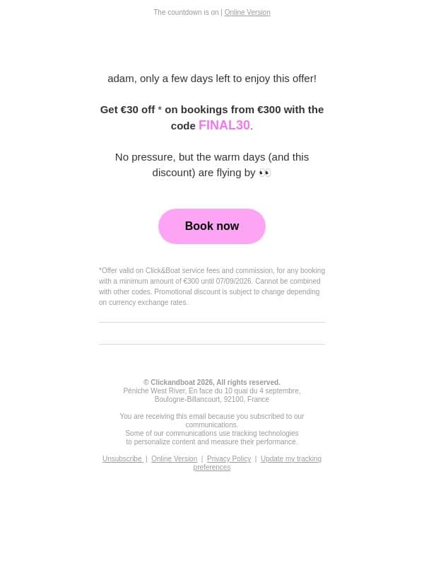 ⏰ LAST CHANCE TO GET €30 OFF! email from Click&Boat screenshot