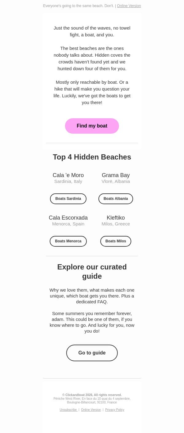 Uncover the 4 hidden beaches 🧭 email from Click&Boat screenshot