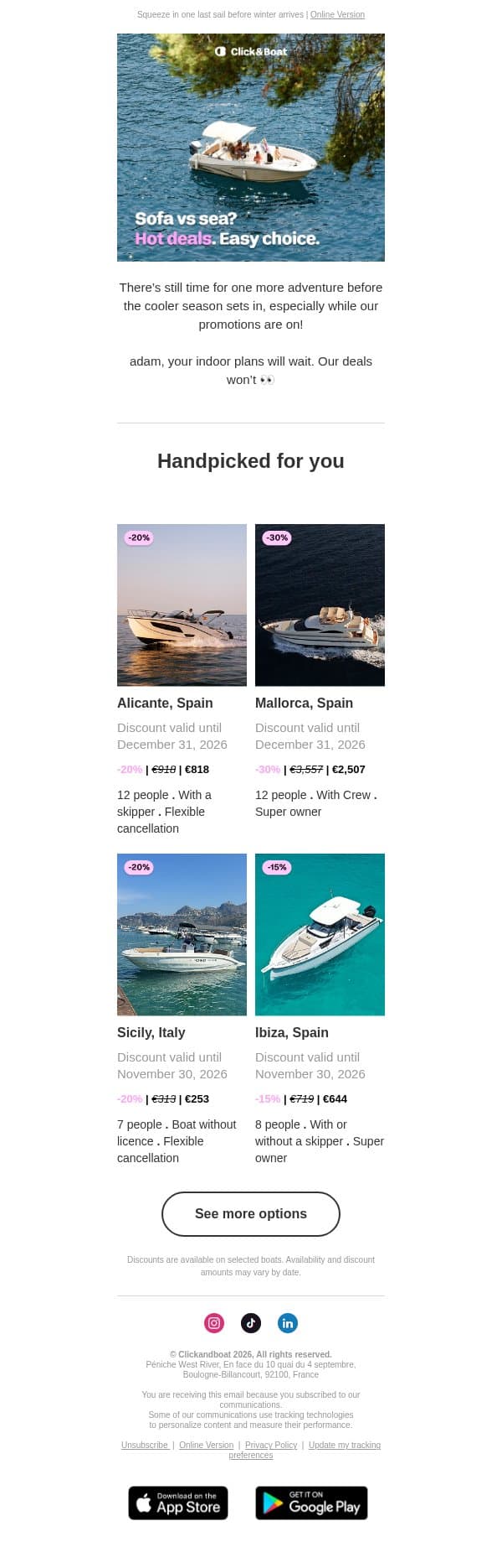 ⌛ Last-minute deals: Up to -30% email from Click&Boat screenshot