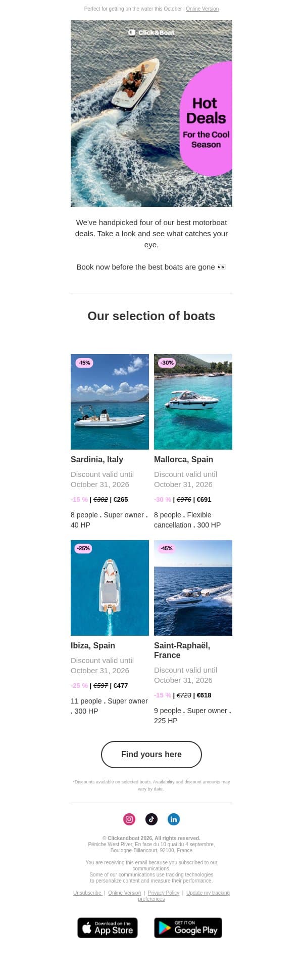 Some of our best boat deals right now 🤑 email from Click&Boat screenshot