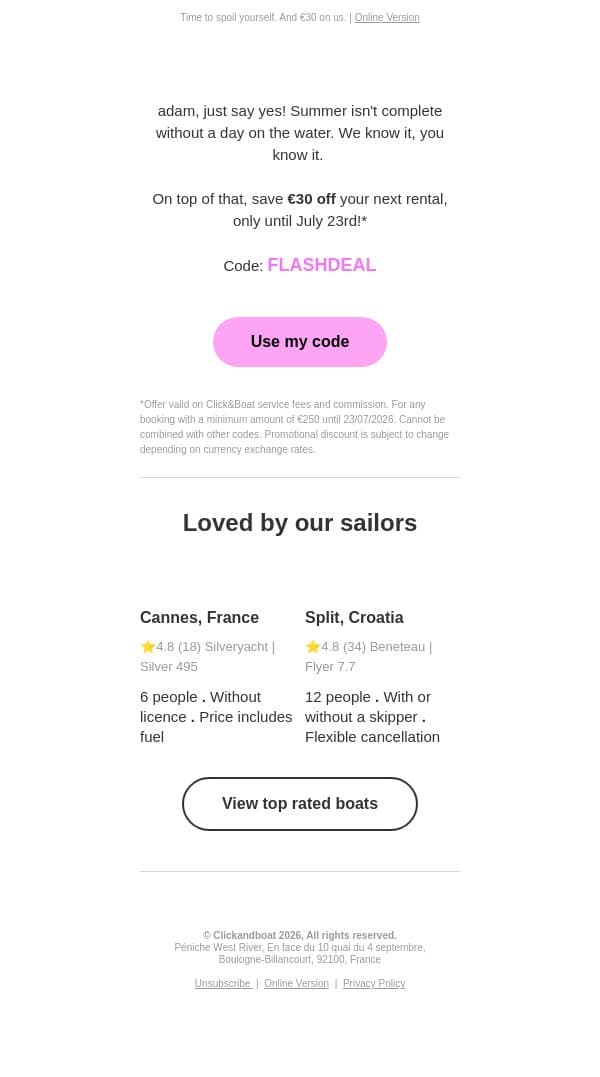 ⚡ FLASH OFFER email from Click&Boat screenshot
