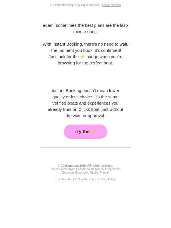 Booking confirmed in seconds ? Try it now! email from Click&Boat screenshot
