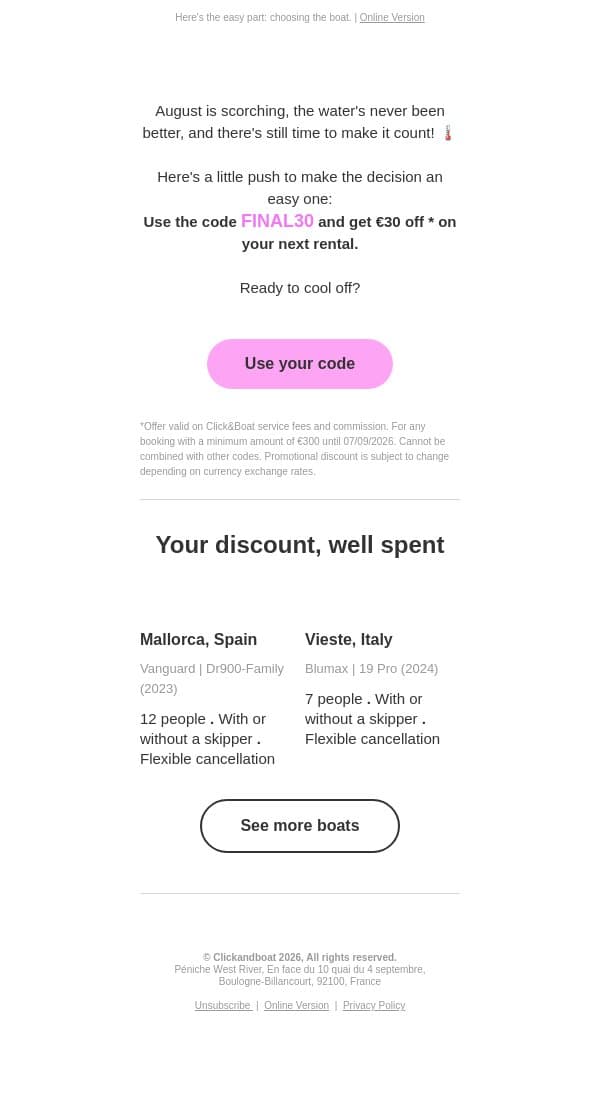 August just got €30 hotter ☀️ email from Click&Boat screenshot