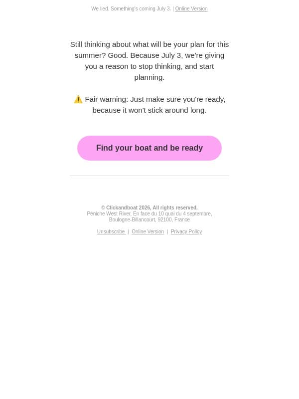We said we wouldn't do it again... email from Click&Boat screenshot