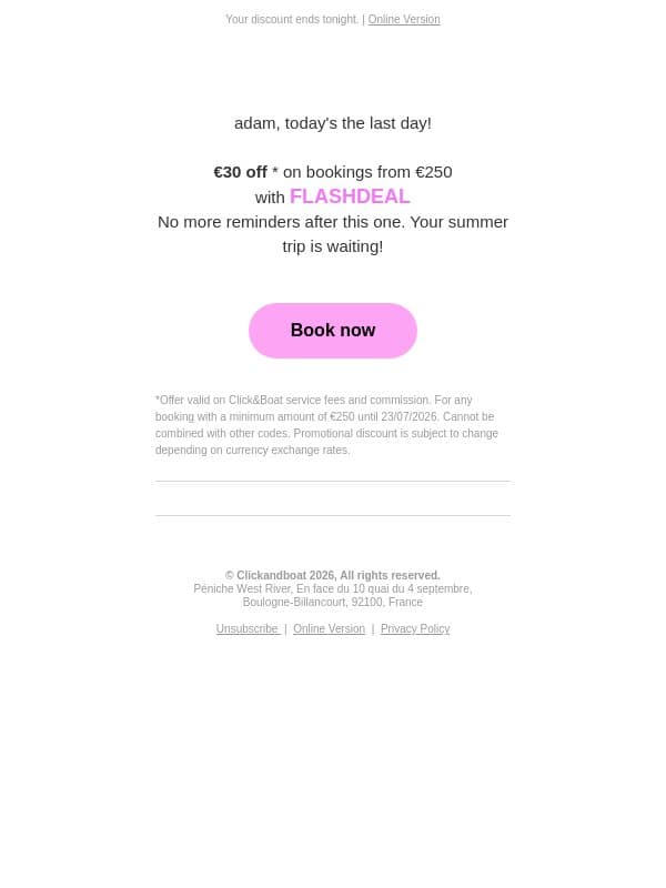 ⏰ LAST DAY: Flash Offer expires today! email from Click&Boat screenshot