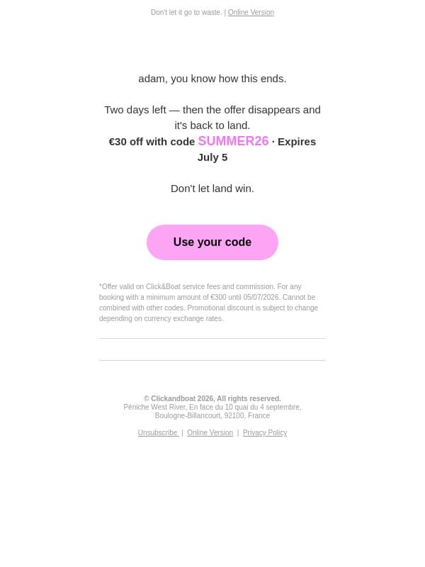 ⏰ DAY 2/3: Your promocode expires soon. email from Click&Boat screenshot