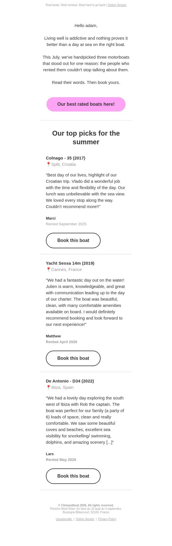 Once you've been on the water, land feels wrong ⛵ email from Click&Boat screenshot