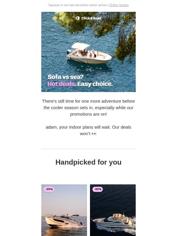 ⌛ Last-minute deals: Up to -30% email from Click&Boat