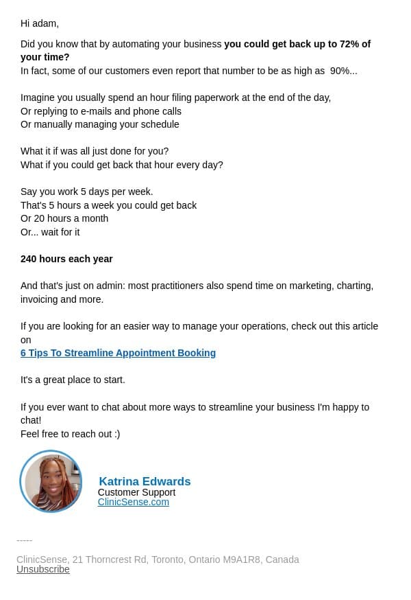 How to get back 240 hours each year email from ClinicSense screenshot