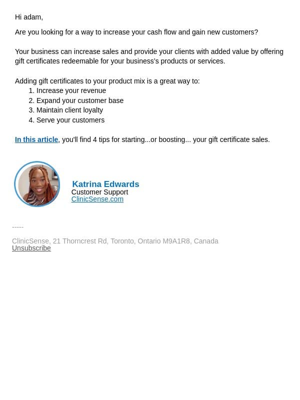 How to boost sales with gift certificates email from ClinicSense screenshot